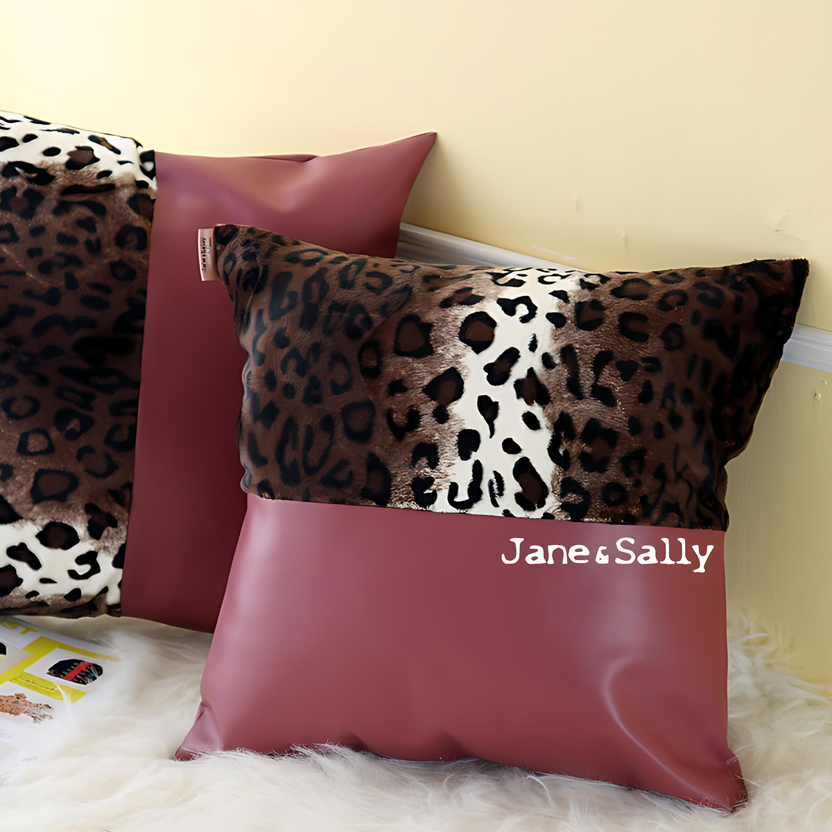 (JaneSally)PU Leather Patchwork With Polyester Fluff Fabric Pillowcase Cushion Cover (Brown Leopard Print)