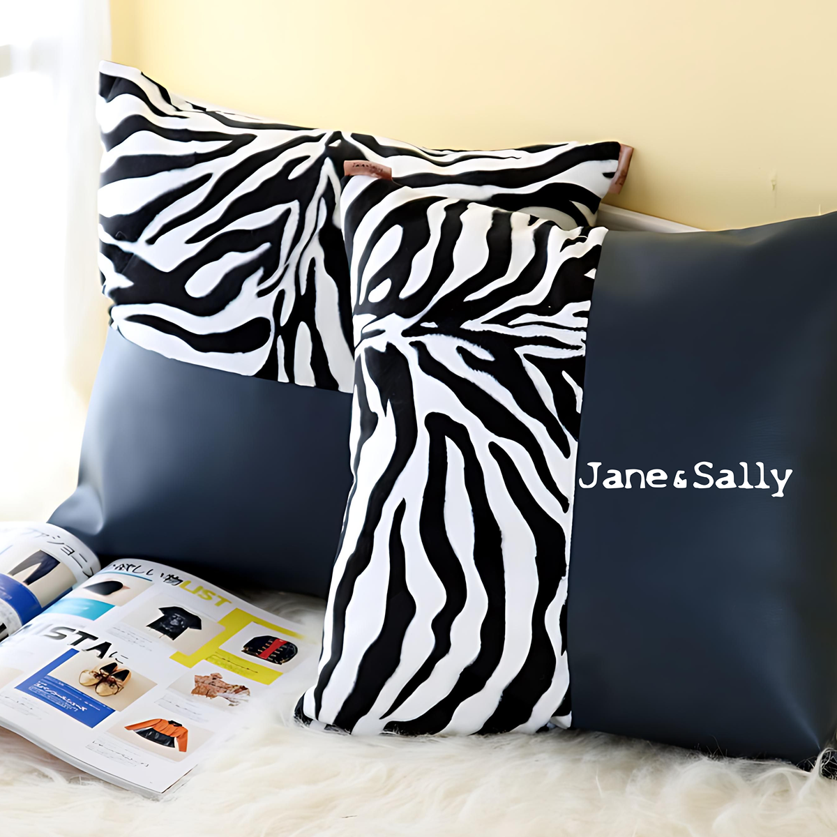 (JaneSally)PU Leather Patchwork With Polyester Fluff Fabric Pillowcase Cushion Cover(Zebra Pattern)