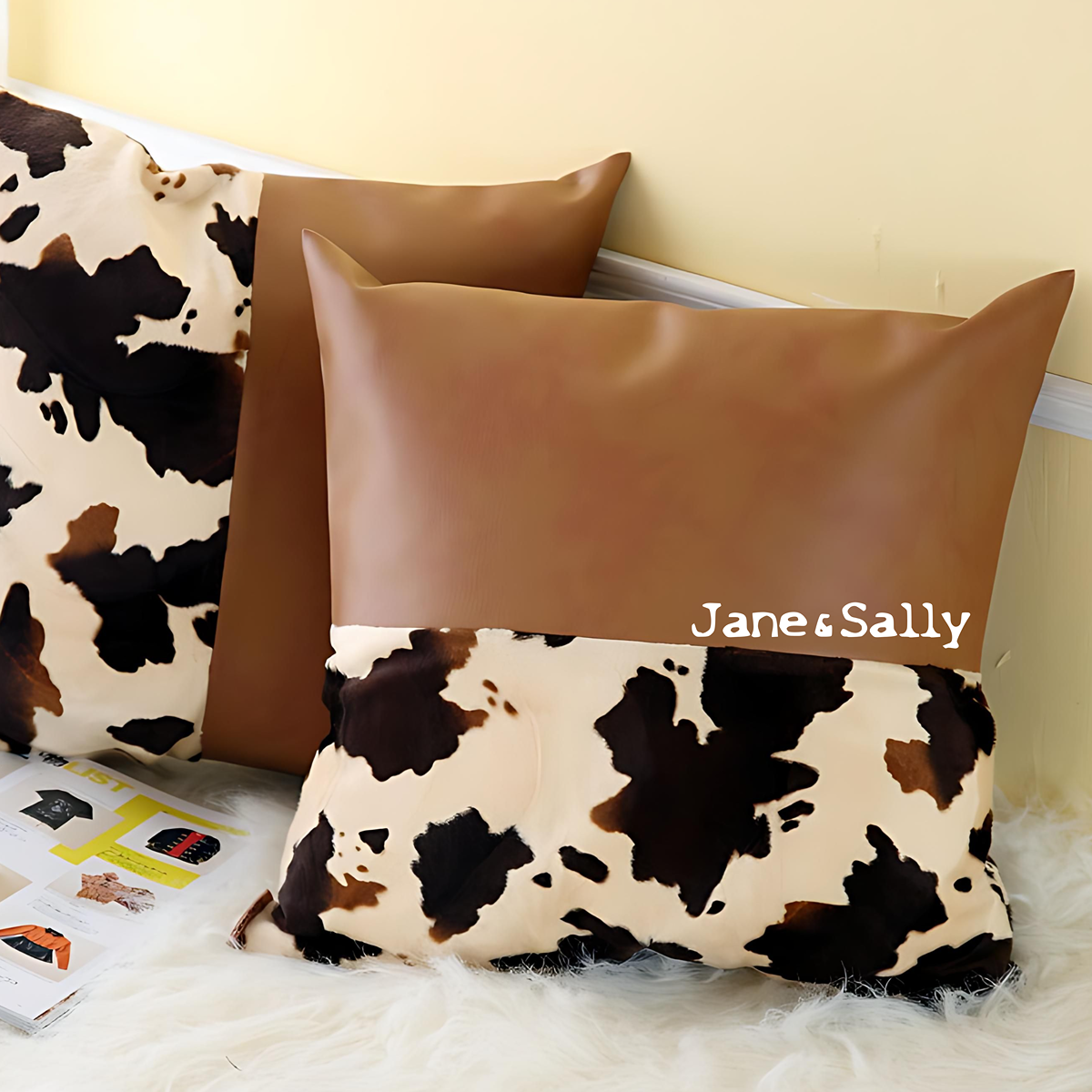 (JaneSally)PU Leather Patchwork With Polyester Fluff Fabric Pillowcase Cushion Cover(Cow Spot)