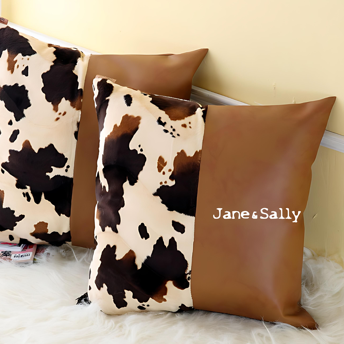 (JaneSally)PU Leather Patchwork With Polyester Fluff Fabric Pillowcase Cushion Cover(Cow Spot)