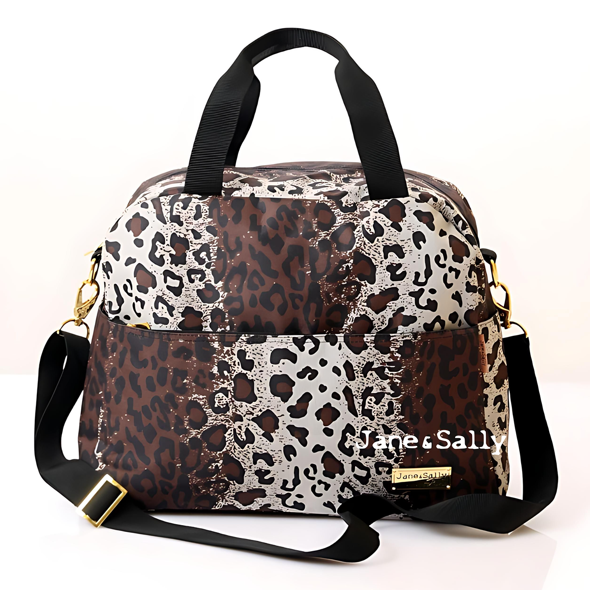 (JaneSally)Leopard Print Nylon Waterproof Travel Bag Luggage Bag Weekend Bag Sports Bag Shoulder Bag With Detachable Strap