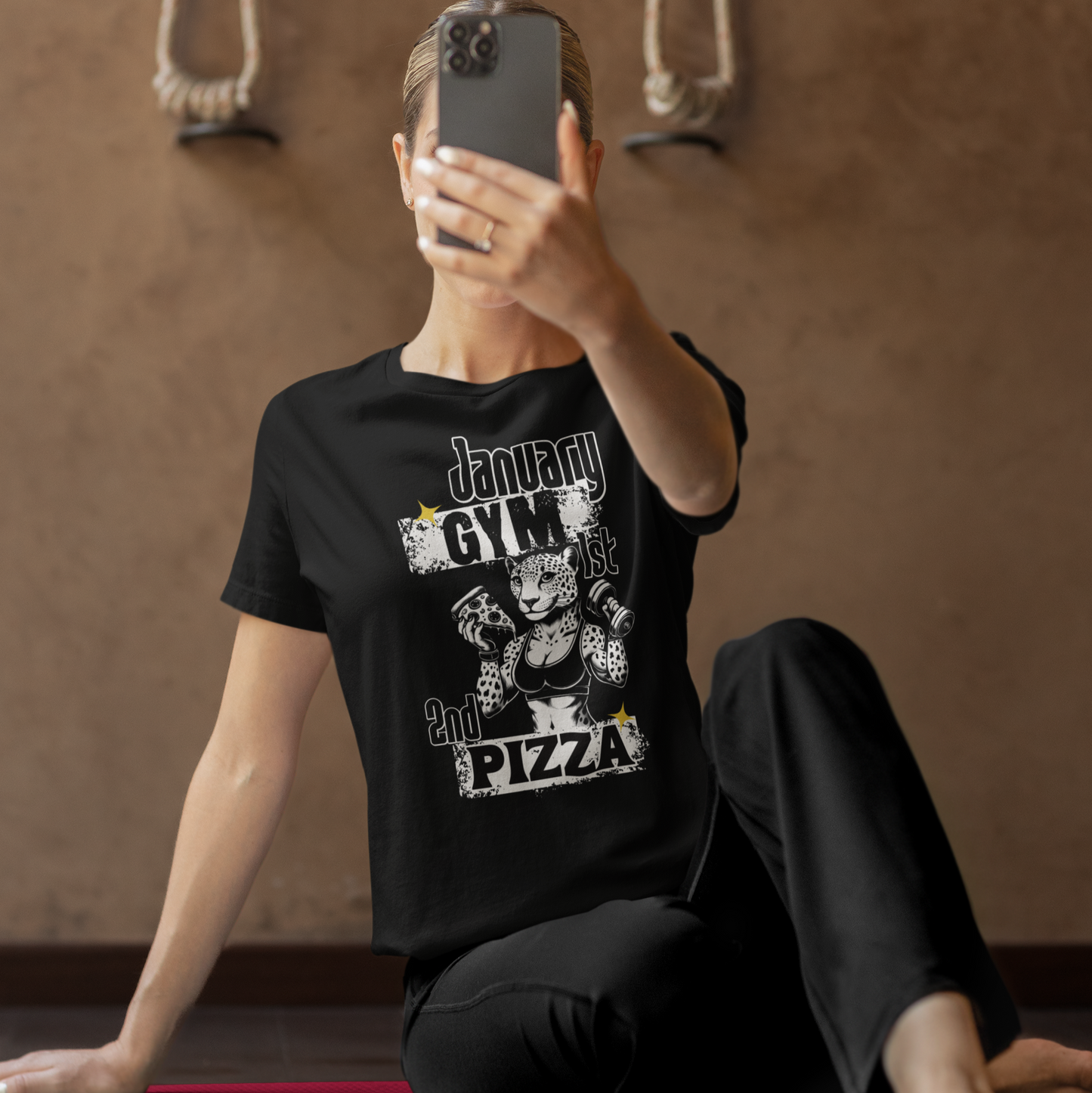 January 1st: Gym. January 2nd: Pizza Black T-Shirt