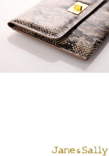 (JaneSally)PU Leather Snakeskin Pattern Clutch Bag With Small Mirror Evening Bag Wallet Passport bag Passport holder(Brown Python)