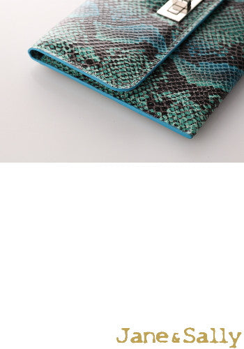 (JaneSally)PU Leather Clutch Bag With Small Mirror Evening Bag Wallet Passport bag Passport holder(Blue Python)