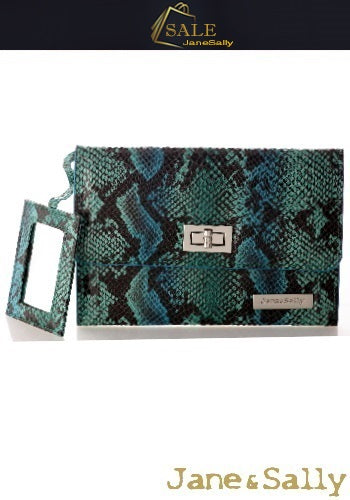 (JaneSally)PU Leather Clutch Bag With Small Mirror Evening Bag Wallet Passport bag Passport holder(Blue Python)