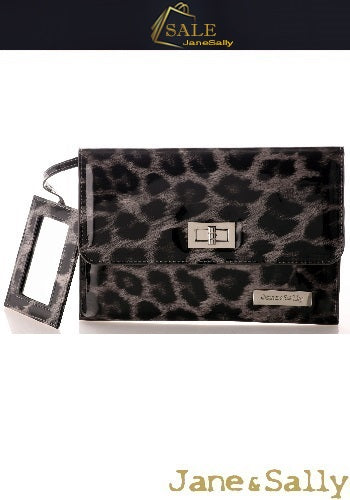 (JaneSally)PU Leather Leopard Print Clutch Bag With Small Mirror Evening Bag Wallet Passport bag Passport holder(Profound Grey Leopard)