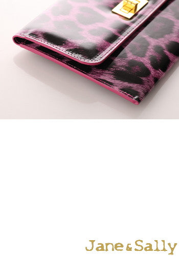 (JaneSally)PU Leather Leopard Print Clutch Bag With Small Mirror Evening Bag Wallet Passport bag Passport holder(Sweet Peach Leopard)