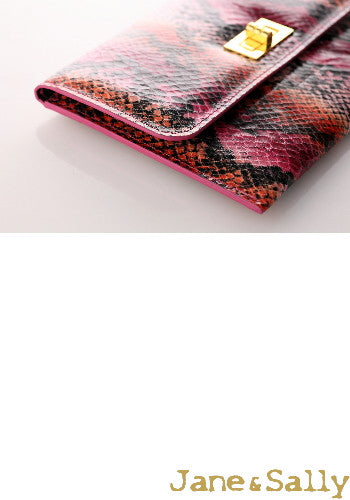 (JaneSally)PU Leather Snakeskin Pattern Clutch Bag With Small Mirror Evening Bag Wallet Passport bag Passport holder(Orange Python)