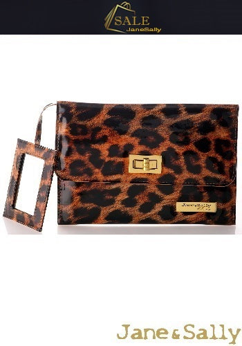 (JaneSally)PU Leather Leopard Print Clutch Bag With Small Mirror Evening Bag Wallet Passport bag Passport holder(Splendid Leopard)