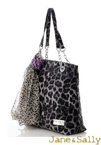 (JaneSally)PU Leather Rhombus Lattice Shoulder Bag Tote Bag Handbag With Chain And Silk Scarf (Profound Grey Leopard)