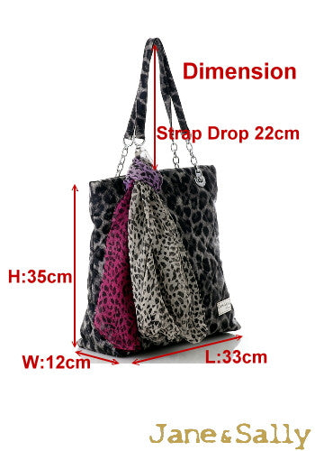 (JaneSally)PU Leather Rhombus Lattice Shoulder Bag Tote Bag Handbag With Chain And Silk Scarf (Profound Grey Leopard)