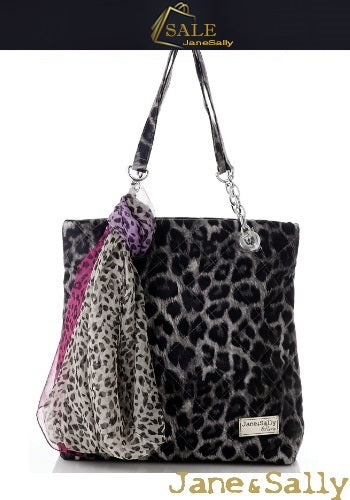 (JaneSally)PU Leather Rhombus Lattice Shoulder Bag Tote Bag Handbag With Chain And Silk Scarf (Profound Grey Leopard)