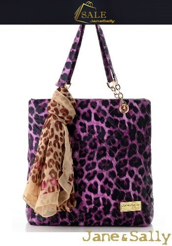 (JaneSally)PU Leather Rhombus Lattice Shoulder Bag Tote Bag Handbag With Chain And Silk Scarf (Sweet Peach Leopard)