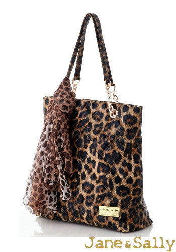 (JaneSally)PU Leather Rhombus Lattice Shoulder Bag Tote Bag Handbag With Chain And Silk Scarf (Splendid Leopard)