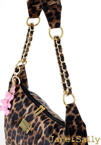 (JaneSally)PU Leather Shoulder Bag With Chain Strap Cross Body Bag With Bear Shape Key Chain Hobo bag(Splendid Leopard)