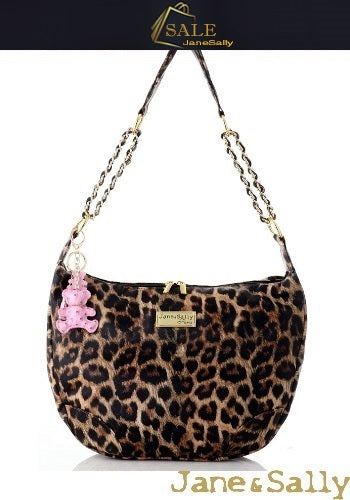 (JaneSally)PU Leather Shoulder Bag With Chain Strap Cross Body Bag With Bear Shape Key Chain Hobo bag(Splendid Leopard)